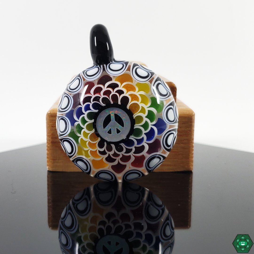 RL Dots Pendant - Peace Sign: This eye-catching pendant features a classic peace sign design with a vibrant 2-layer rainbow effect, a perfect accessory for expressing harmony and style.