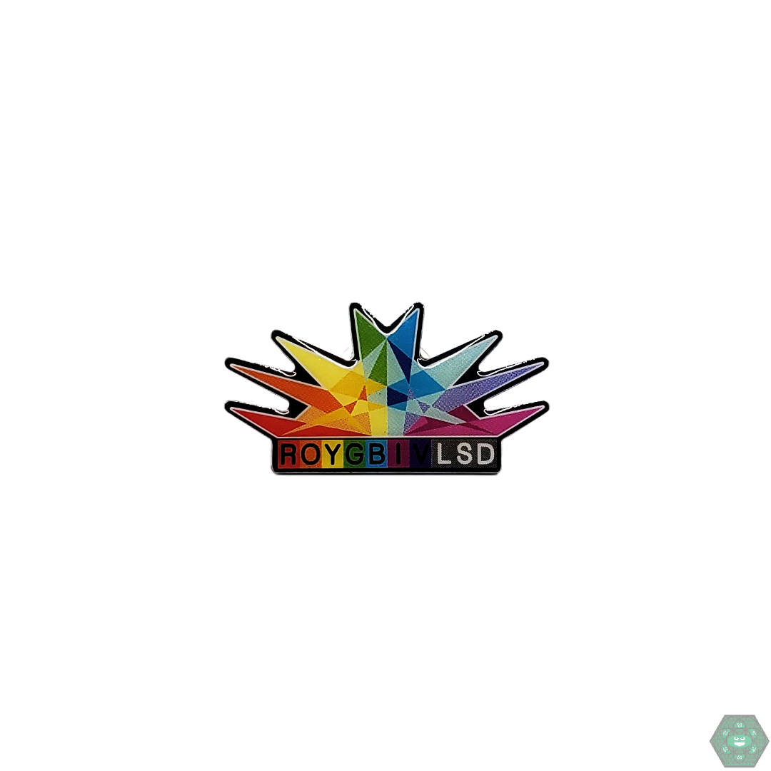 ROYGBIV LSD Hat Pin featuring a vibrant color spectrum, perfect for fans of unique, colorful designs and collectible accessories