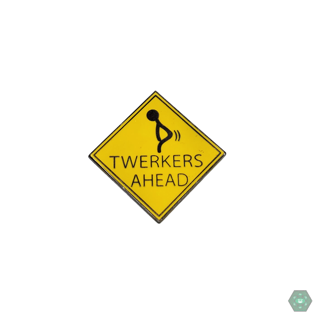 Twerkers Ahead Hat Pin with playful design and quality enamel finish, adding a fun, humorous touch to any collection or accessory