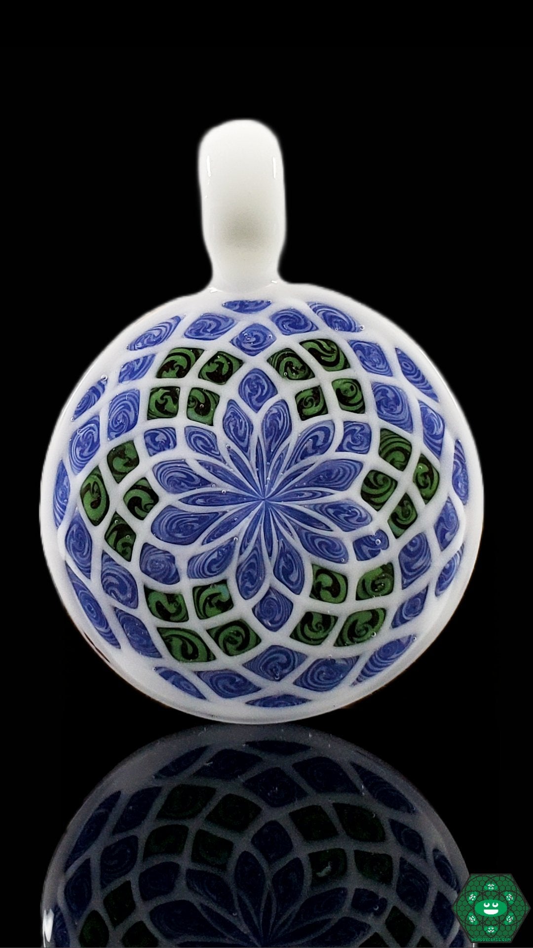 White Art Glass Funky Filla Pendant: The Shipley Glass Funky Filla Pendant showcases playful and colorful designs on a brilliant white borosilicate glass canvas, a charming and unique accessory for any occasion.