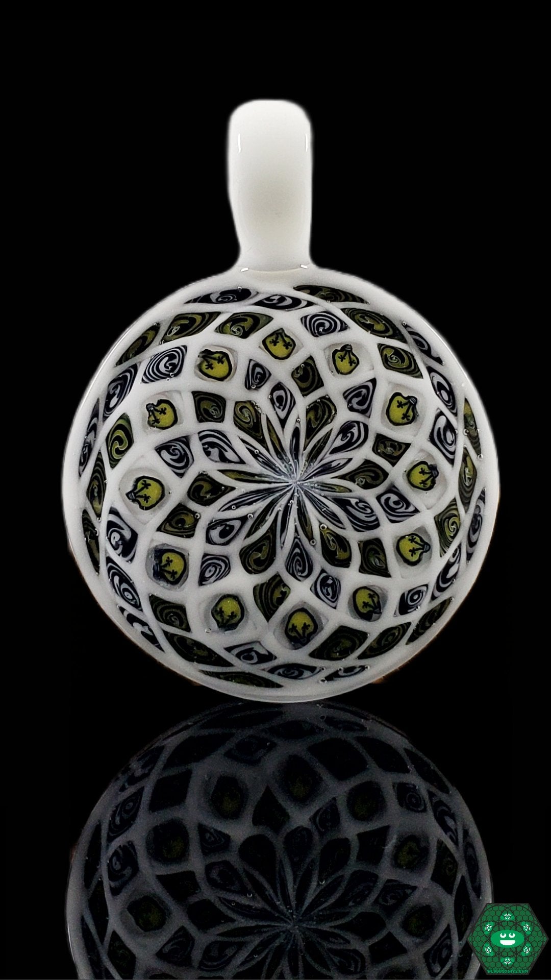 White Millie Pendant Art Glass: The Shipley Glass Funky Filla Millie Pendant is a unique and colorful art glass pendant crafted from borosilicate glass, featuring vibrant millie designs in a striking white backdrop, a perfect accessory for collectors and everyday wear.