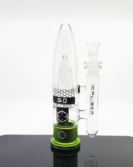  12-Inch Military-Grade Glass Bong: The US Caliber .50 Cal Straight Tube, a heavy-duty bong inspired by military designs, crafted from thick glass for robust hits, featuring a 14mm female joint and ice catcher.
