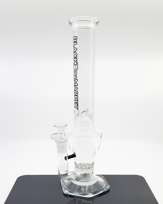 13 Inch Straight Tube Bong - Black Market Glass. Features a 24+ hole honeycomb perc for superior filtration. Includes an ice catcher. Crafted from durable glass for everyday use.