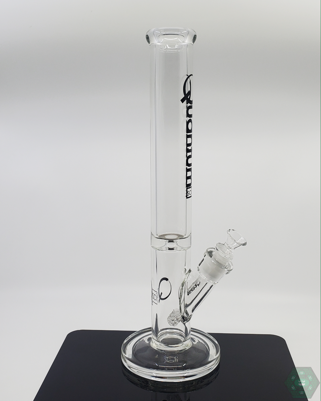 Quantum Sci Glass 16-inch 9mm Straight Tube Bong featuring a sleek black logo, 22-hole perc, and premium glass construction