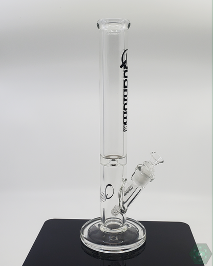 Quantum Sci Glass 16-inch 9mm Straight Tube Bong featuring a sleek black logo, 22-hole perc, and premium glass construction