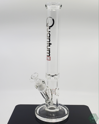 Quantum Sci Glass 16-inch Straight Tube Bong featuring a stylish chrome logo, 9mm thick glass, and a 22-hole perc for enhanced filtration