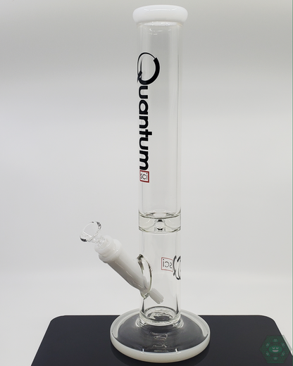 Quantum Sci Glass 16-inch Straight Tube Bong with sturdy 9mm glass, white logo, and smooth filtration for beginners and experts