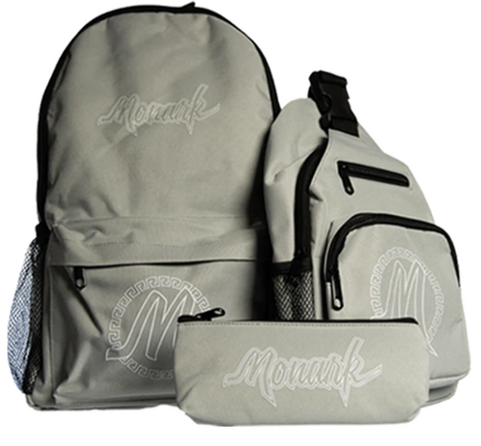 Gray Monark Backpack w/ Gray Shoulder Bag & Gray Pouch