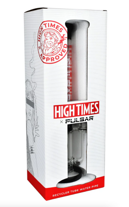 High Times x Pulsar Logo Straight Tube Recycler Glass Water Pipe 14.75"