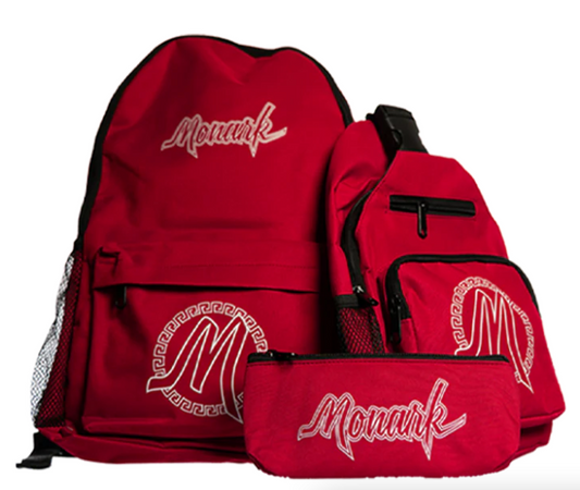 Red Monark Backpack w/ Red Shoulder Bag & Red Pouch