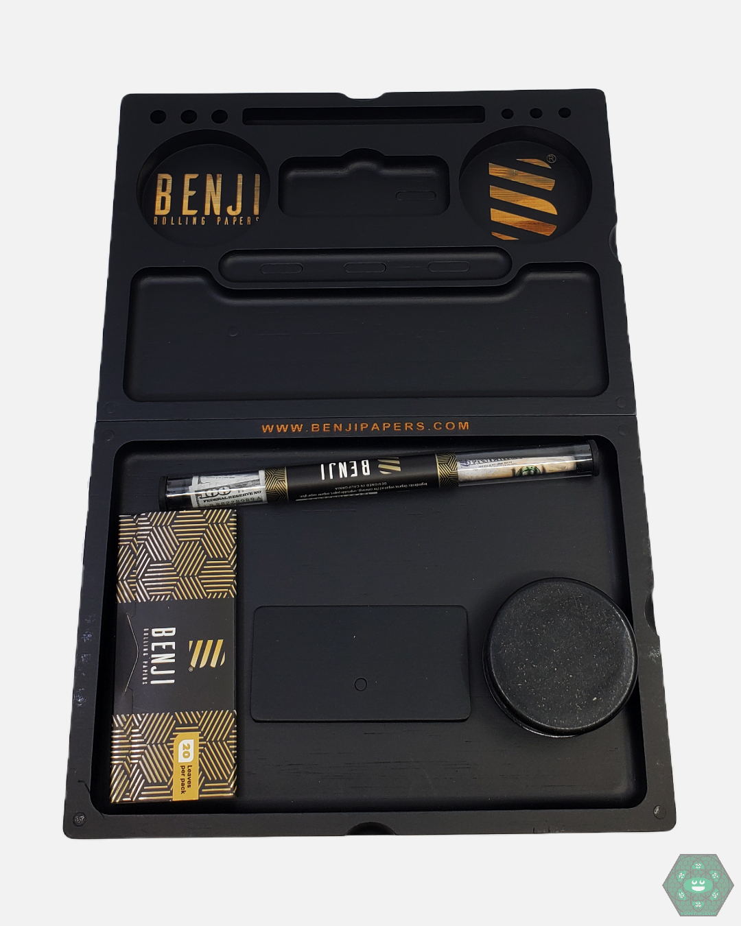  Bamboo Rolling Tray - Benji Bankroll. Magnetic two-piece set with storage slots. Includes $100 print papers, pre-rolled cone tube, grinder, and scooper for organized rolling.