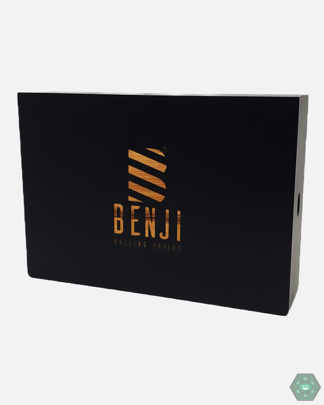 Benji Bankroll Bamboo Rolling Tray - Magnetic Two-Piece Set. Features storage slots for accessories. Includes $100 print papers, pre-rolled cone tube, grinder, and scooper.
