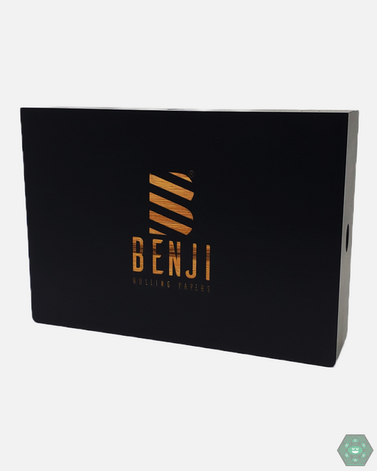Benji Bankroll Bamboo Rolling Tray - Magnetic Two-Piece Set. Features storage slots for accessories. Includes $100 print papers, pre-rolled cone tube, grinder, and scooper.