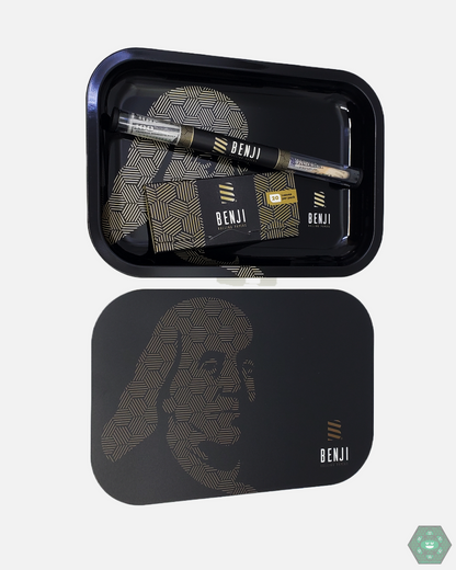 Rolling Tray - Magnetic Lid - Benji Metal. Includes premium rolling papers. Durable and compact for on-the-go or at-home use.