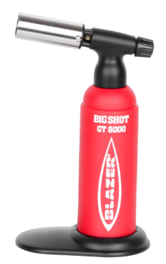 Blazer Big Shot - GT 8000 Torch. Precisely engineered in Japan, this portable anti-flare butane torch features a strong brass flame nozzle, detachable base, instant piezo crystal ignition, and precise flame control.