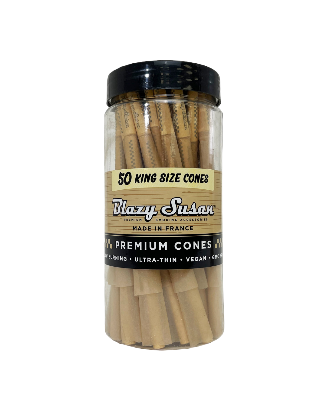 Blazy Susan Pre-Rolled Cones. Made with vegan and non-GMO paper from France, these cones provide a slow and smooth burn. A must-add to any smoking kit for convenient smoking.