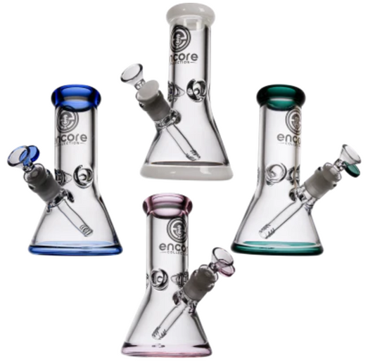 Encore Glass - 8" 50mm x 7mm Beaker. 8" 50x7 Beaker with Matching Color Lip and Base. Diameter 4". A high-quality, laboratory-grade beaker designed for precision and durability.