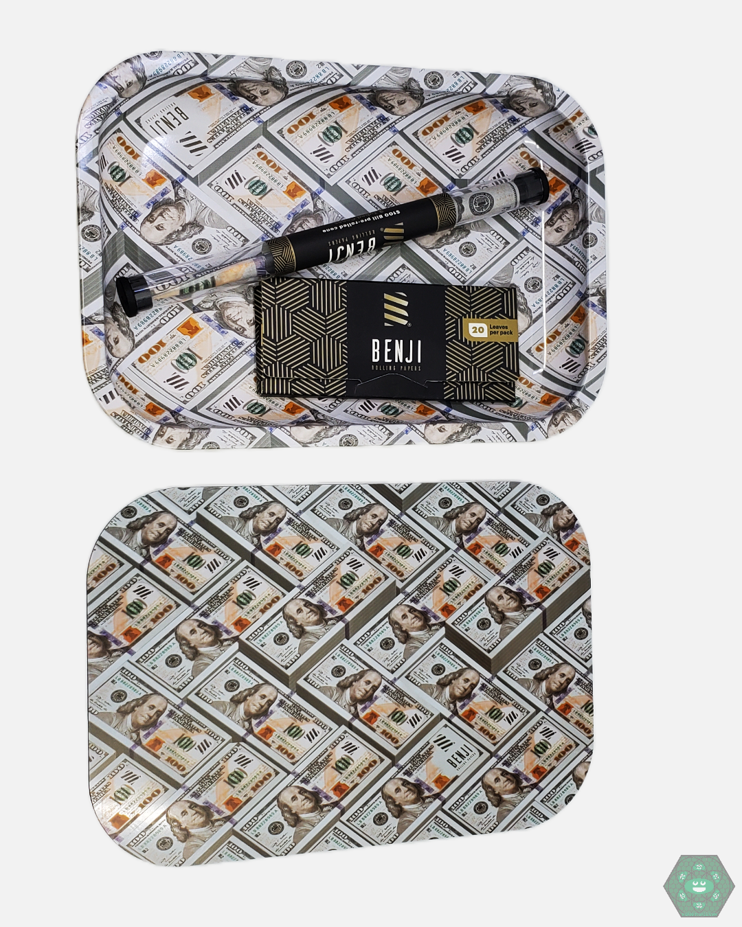 Metal Rolling Tray - Benji. Features a magnetic lid and includes premium rolling papers. Durable and compact for on-the-go or at-home use.