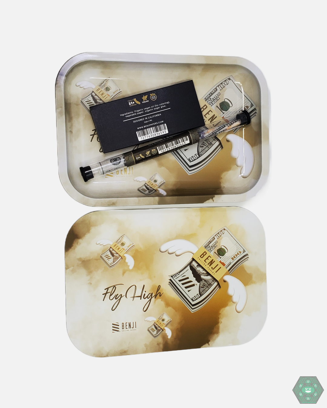 Metal Rolling Tray - Magnetic Lid - Benji. Includes premium rolling papers. Durable and compact for portable use.


