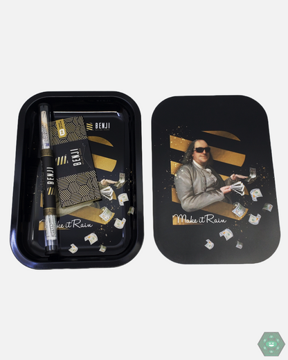 Metal Tray - Benji. Magnetic lid and includes premium rolling papers. Durable and compact for portable use.