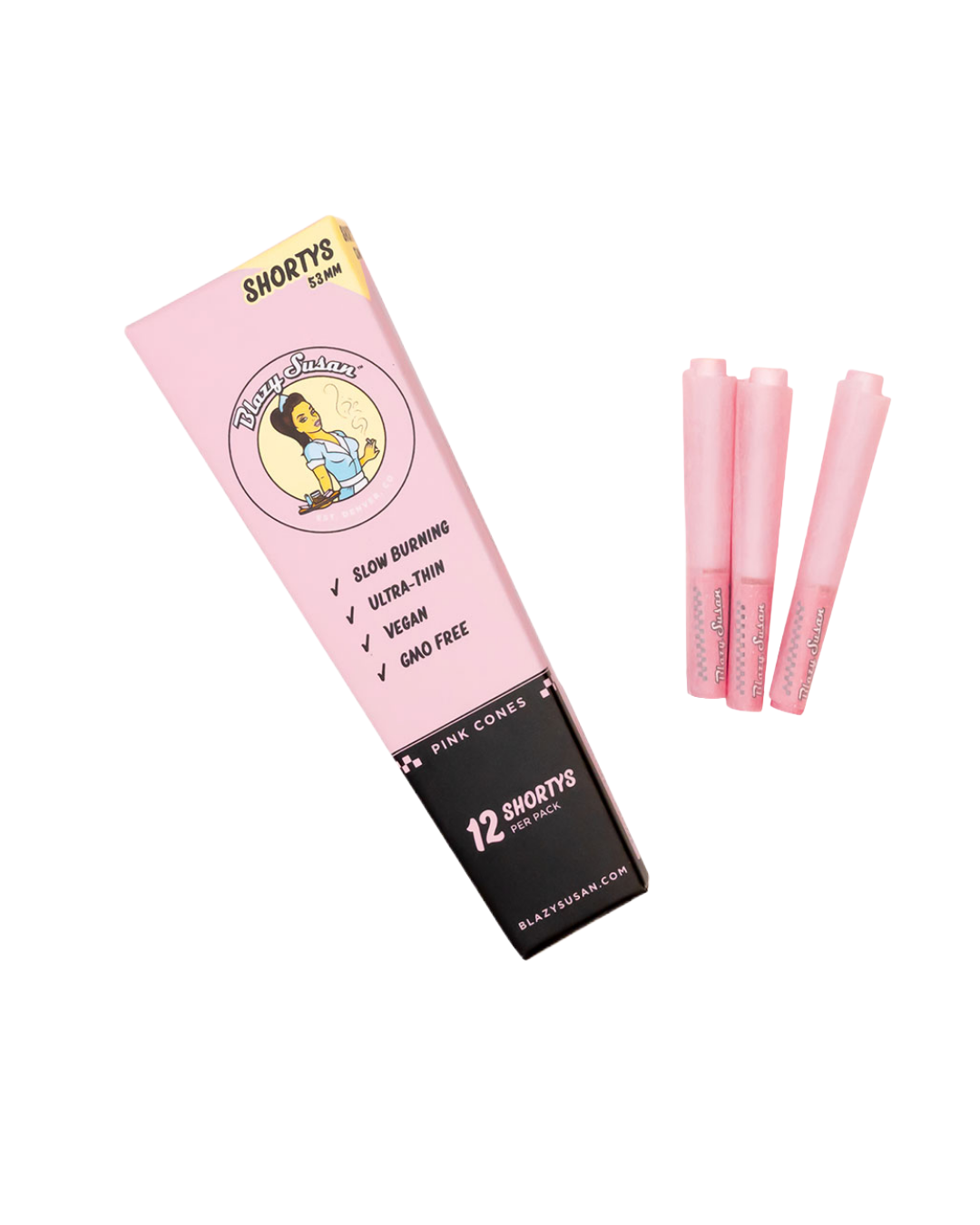 Pre-Rolled Cones by Blazy Susan. Made with vegan and non-GMO paper from France, these cones provide a slow and smooth burn.