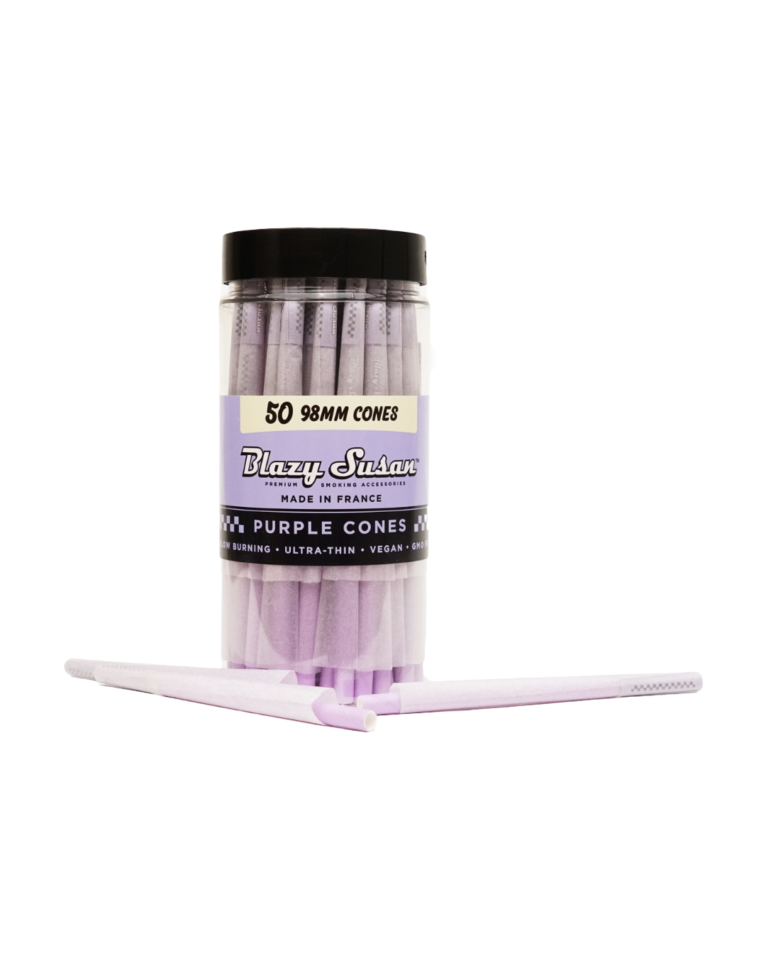 Pre-Rolled Cones by Blazy Susan. Made with vegan and non-GMO paper from France, these cones provide a slow and smooth burn. A must-add to any smoking kit for convenient smoking.
