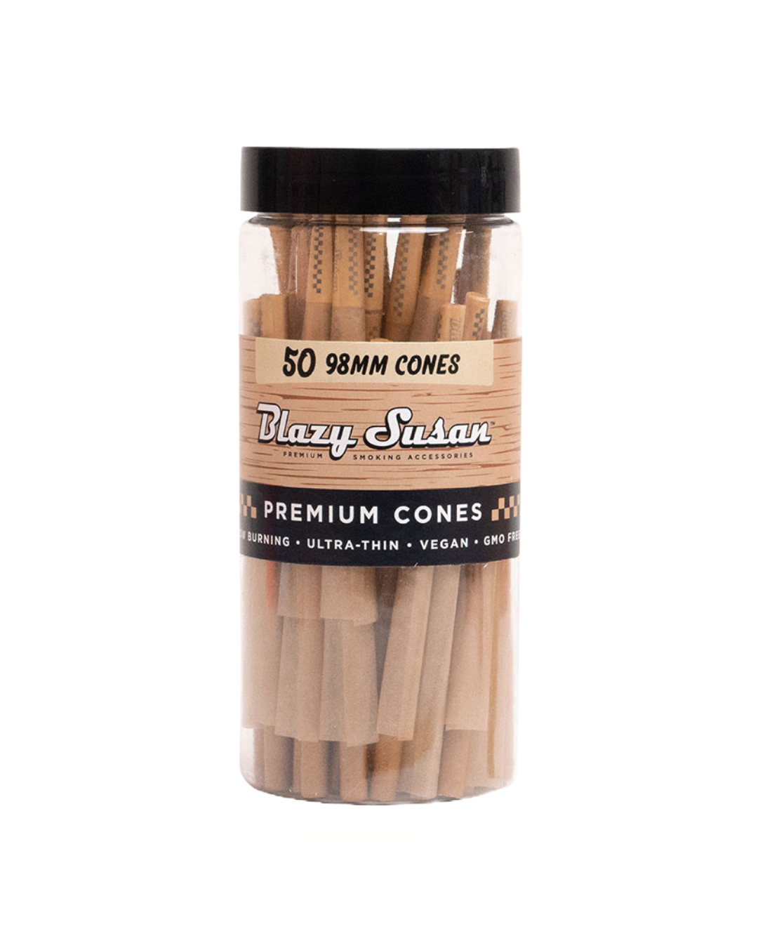 Pre-Rolled Cones by Blazy Susan. Made with vegan and non-GMO paper from France, these cones provide a slow and smooth burn.