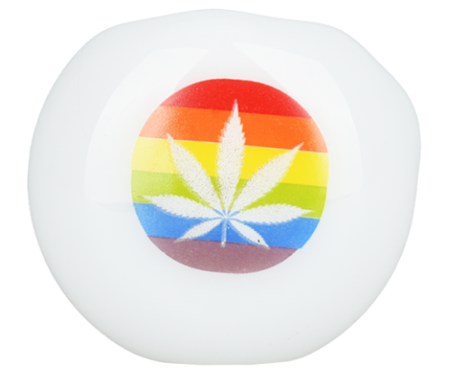 Pride Rainbow Hemp Leaf Glow Glass Spoon Pipe – Durable borosilicate glass, 4.75 inches long, with rainbow stripes and white hemp leaves design, glowing accents.