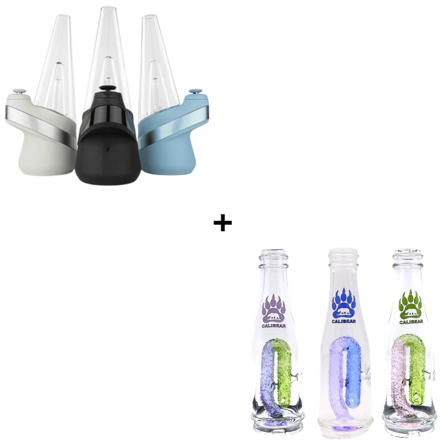 Puffco Peak with Calibear Gummy Worm Bottle - Add a playful touch to your Puffco Peak with the Calibear Gummy Worm Bottle. This unique glass attachment features a colorful gummy worm design and is compatible with the Puffco Peak.