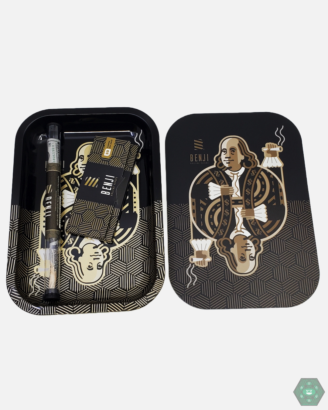 Rolling Tray - Benji Metal. Magnetic lid and includes premium rolling papers. Durable and compact for on-the-go or at-home use.