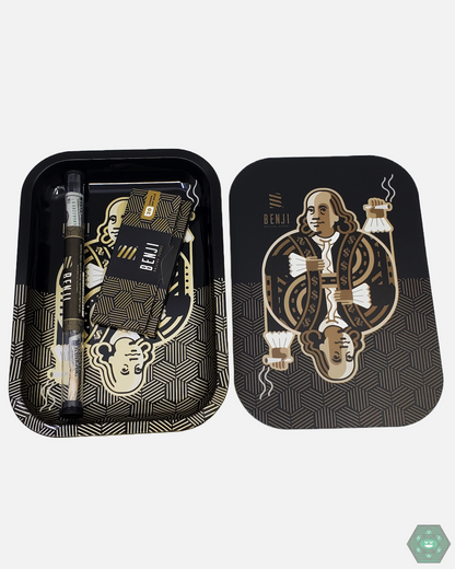 Rolling Tray - Benji Metal. Magnetic lid and includes premium rolling papers. Durable and compact for on-the-go or at-home use.
