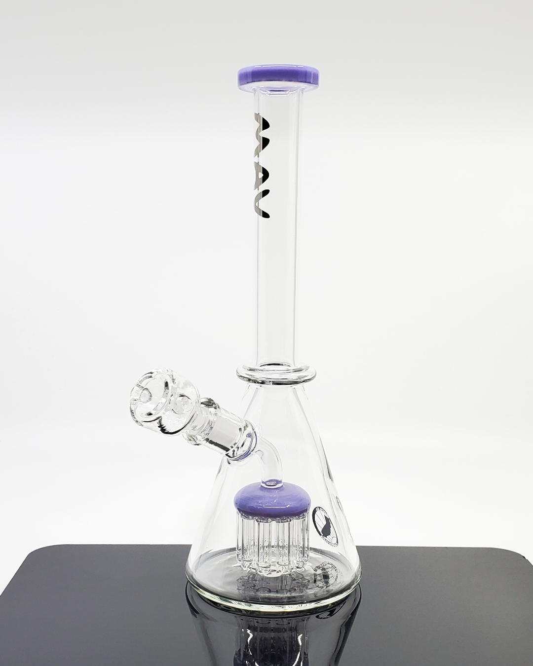 MAV Glass 11" Showerhead Beaker Bong with advanced showerhead percolator for smooth, filtered hits. Durable borosilicate glass design with a 14mm female joint.