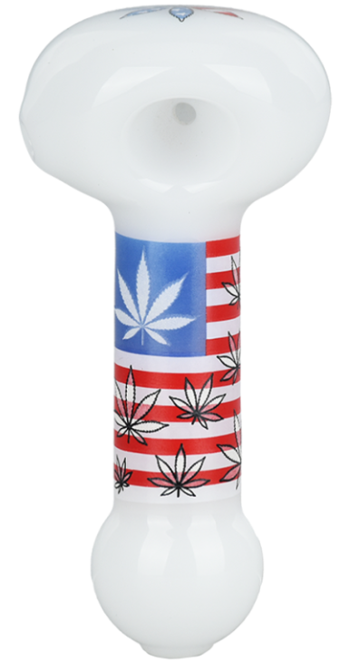 American Hemp Leaf Flag Glow Glass Spoon Pipe – 4-inch spoon pipe with red, white, and blue flag design featuring hemp leaves, complete with glow in the dark accents.