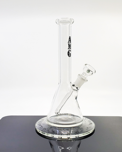  Side view of the AMG Glass Wide Base Beaker, showcasing its stable design and smooth filtration for a reliable smoking experience.

