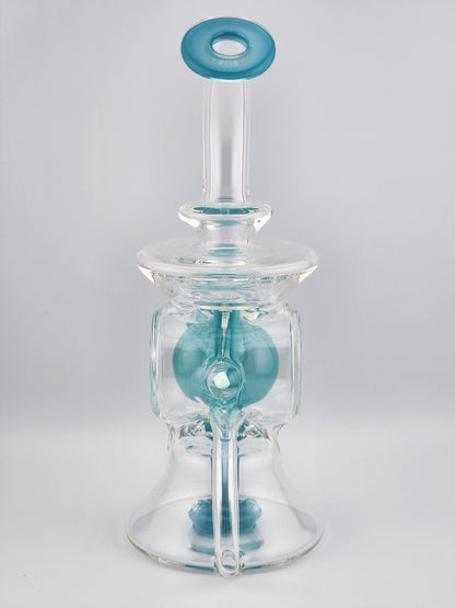 Bro D Glass Hypogeum Recycler, a premium dab rig with color accents for enhanced aesthetics and function.
