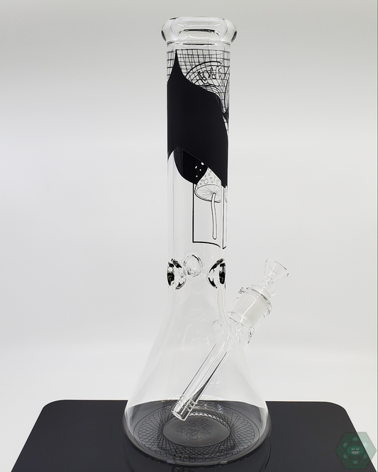 BSG 14.5” Shroomy Thoughts Beaker, a mushroom-themed glass water pipe designed for smooth hits and style.