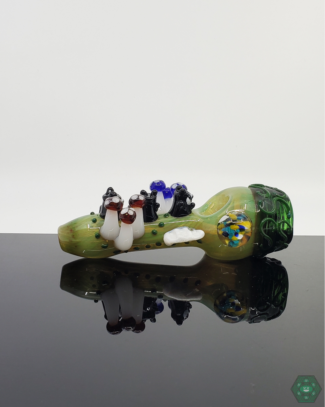  BSG 5-Inch Forest Spoon Pipe, an artistic handcrafted glass piece featuring an owl and mushroom sculpture.