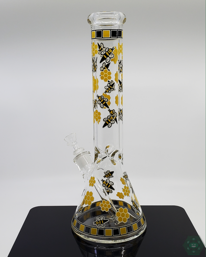 BSG Glow-in-the-Dark Bee Beaker, 14-inch glass water pipe with a unique bee design, perfect for eye-catching sessions.

