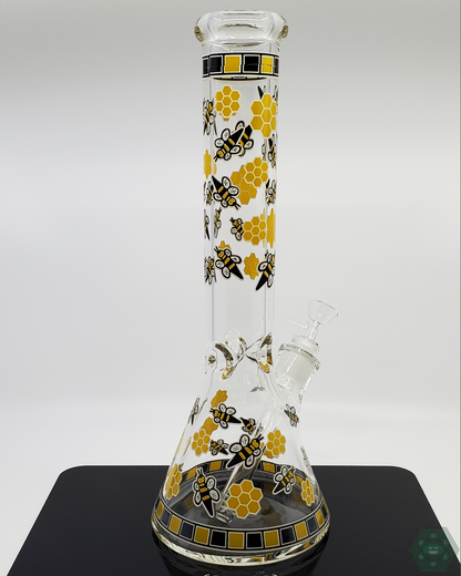 BSG Glow-in-the-Dark Bee Beaker, 14 inches tall with a detailed bee design for a unique visual appeal during sessions.