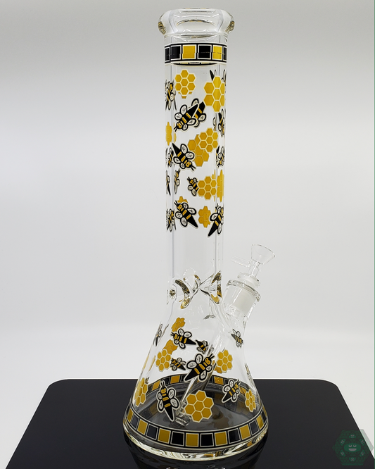 BSG Glow-in-the-Dark Bee Beaker, 14 inches tall with a detailed bee design for a unique visual appeal during sessions.