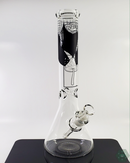 BSG 14.5” Shroomy Thoughts Beaker, featuring a unique mushroom-inspired design for an artistic smoking experience.