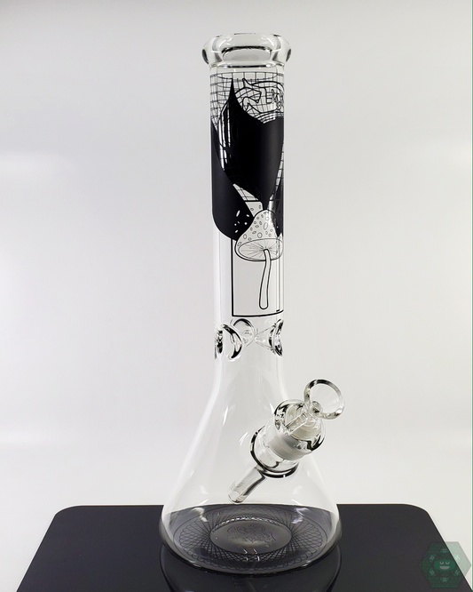 BSG 14.5” Shroomy Thoughts Beaker, featuring a unique mushroom-inspired design for an artistic smoking experience.