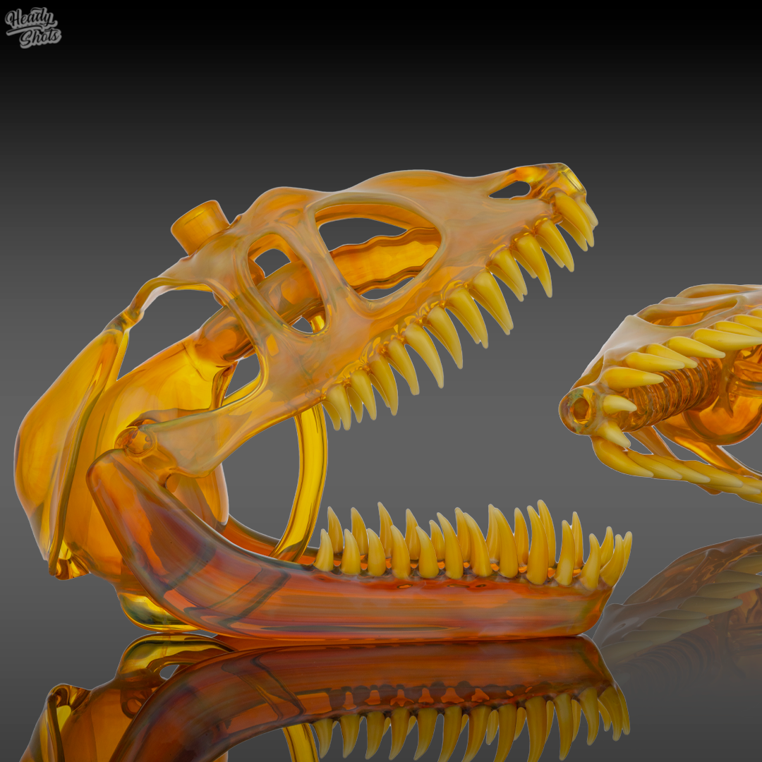 Angled view of the Buck Glass Allosaurus Skull Dab Rig, showcasing its depth, texture, and artistic sculpting.

