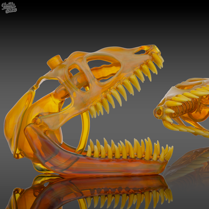 Angled view of the Buck Glass Allosaurus Skull Dab Rig, showcasing its depth, texture, and artistic sculpting.

