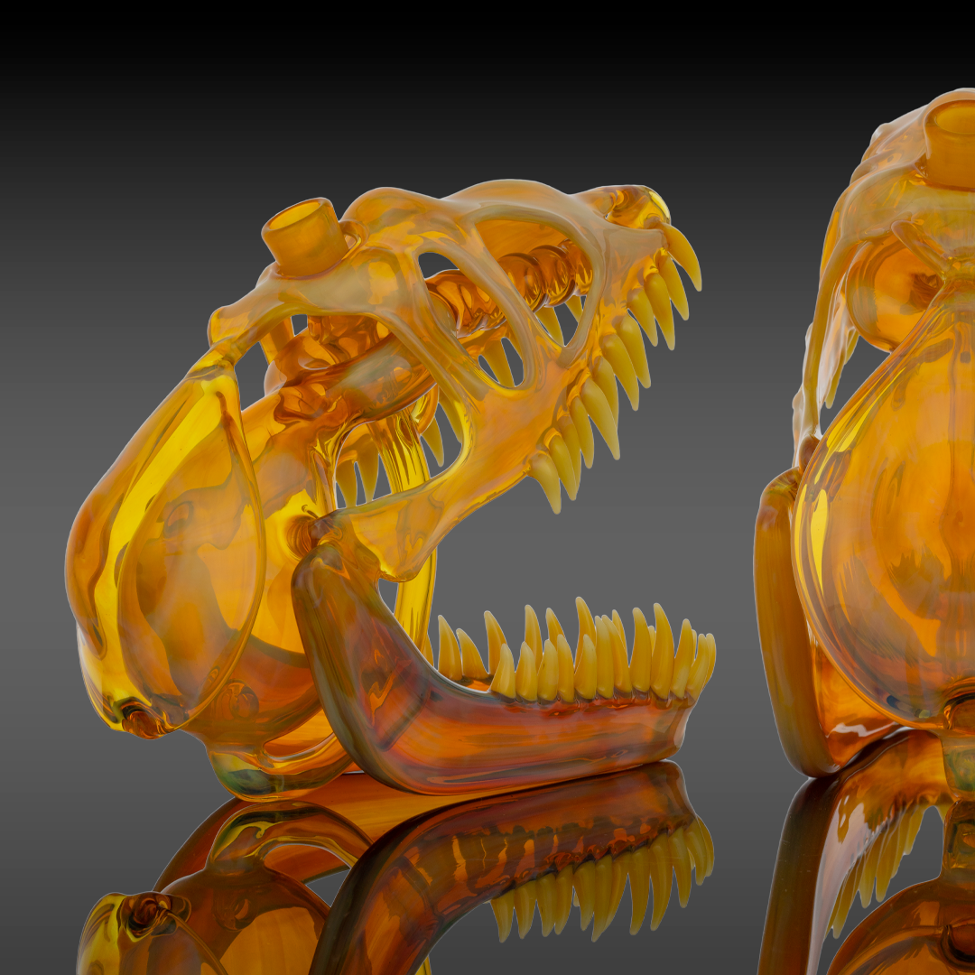  Bottom view of the Buck Glass Allosaurus Skull Dab Rig, showing its solid base and high-quality glass construction.