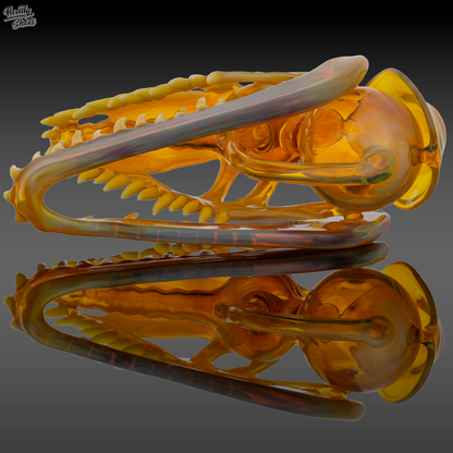  Detailed shot of the Buck Glass Allosaurus Skull Dab Rig, showing its lifelike sculpting and artistic glasswork.


