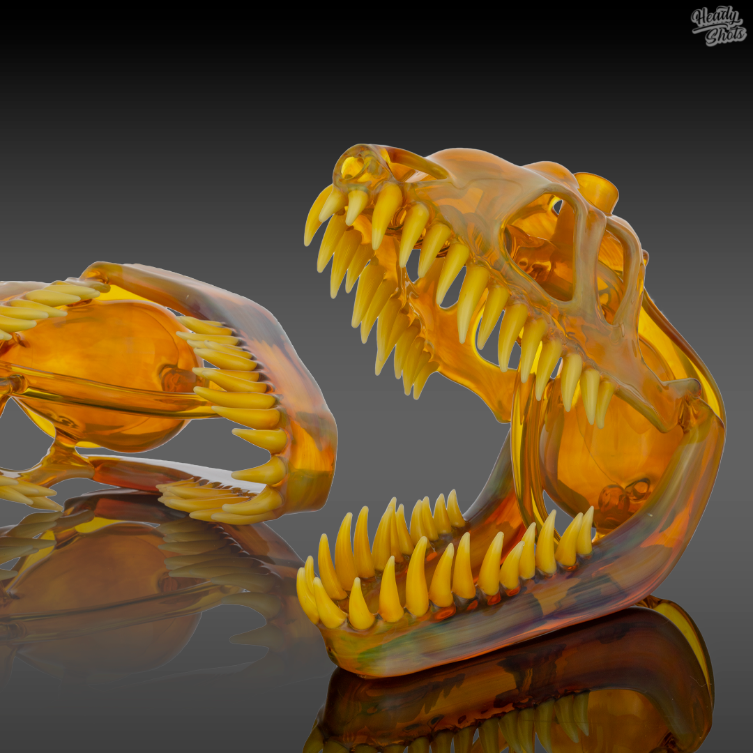  Buck Glass NS Yellow Allosaurus Skull Dab Rig under lighting, highlighting its color vibrancy and glass clarity.