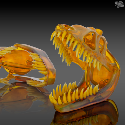  Buck Glass NS Yellow Allosaurus Skull Dab Rig under lighting, highlighting its color vibrancy and glass clarity.