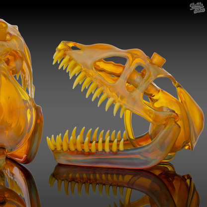  Buck Glass NS Yellow Allosaurus Skull Dab Rig held in hand, highlighting its size and unique artistic appeal.