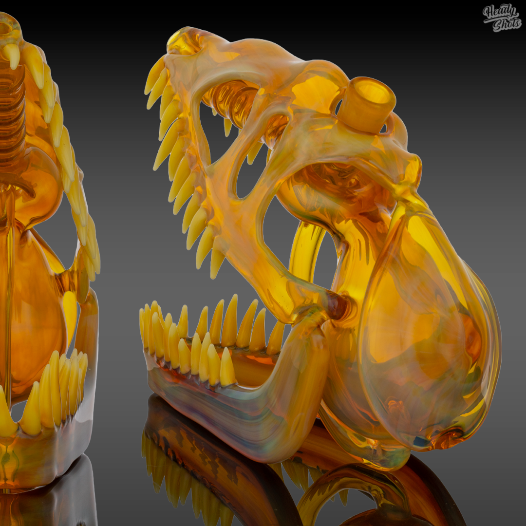 Top-down view of the Buck Glass Allosaurus Skull Dab Rig, emphasizing its detailed structure and functional design.